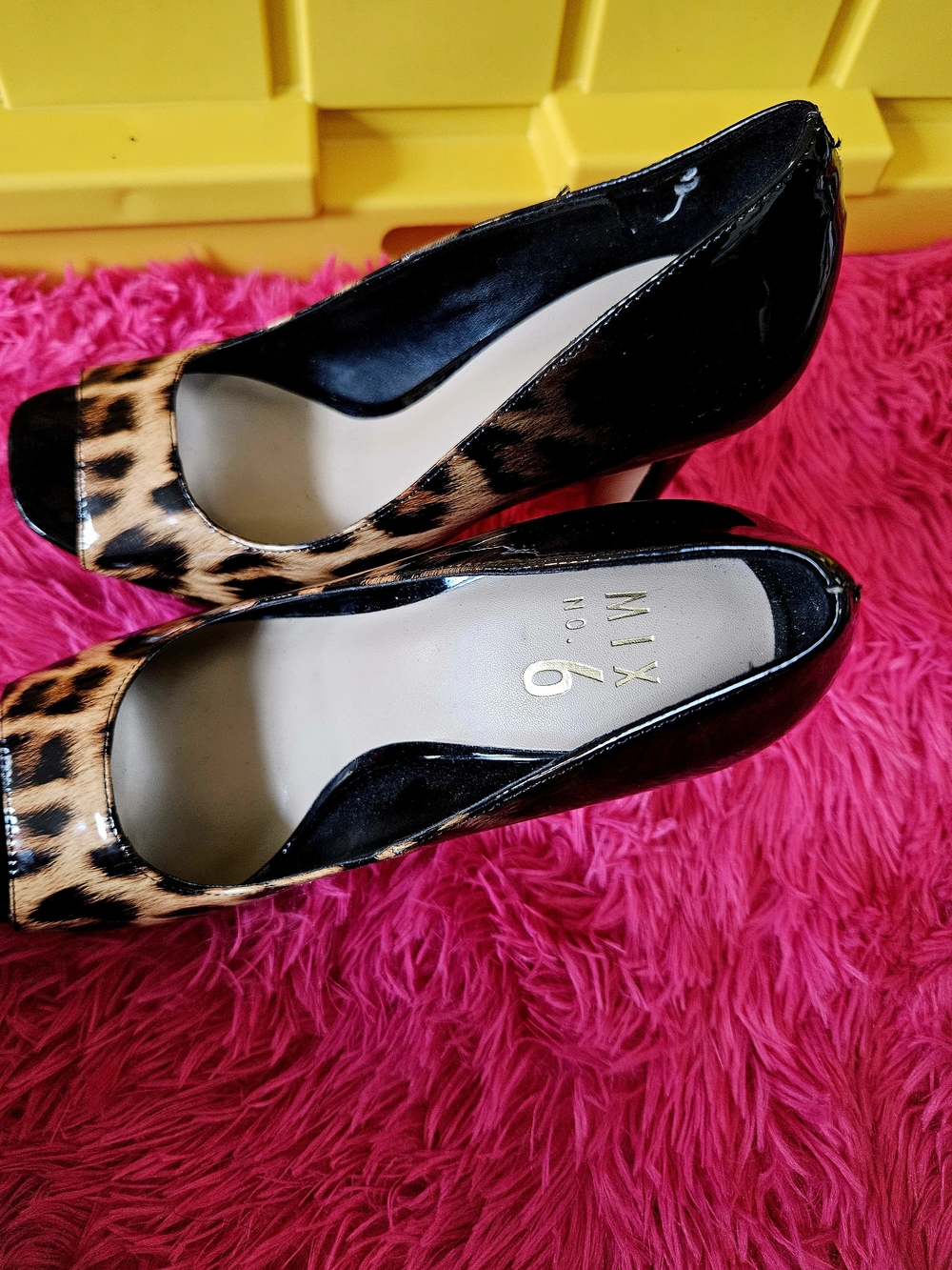Mix No. 6 Leopard Print Peep-Toe Heels with Black Patent Sides